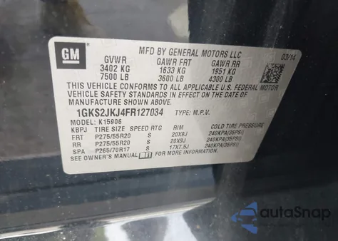 2015 GMC Yukon Xl 1500 Denali z USA, uszkodzony, nr VIN 1GKS2JKJ4FR127034